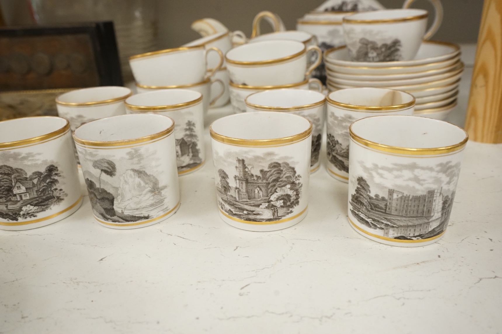 A Spode bat-printed part tea / coffee set, c.1802, including pattern 557, largest 26cm wide
